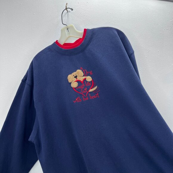 Vintage Grandma Sweatshirt XL Dog Applique Blue Double Neck MC Sportswear Crew - Picture 3 of 6